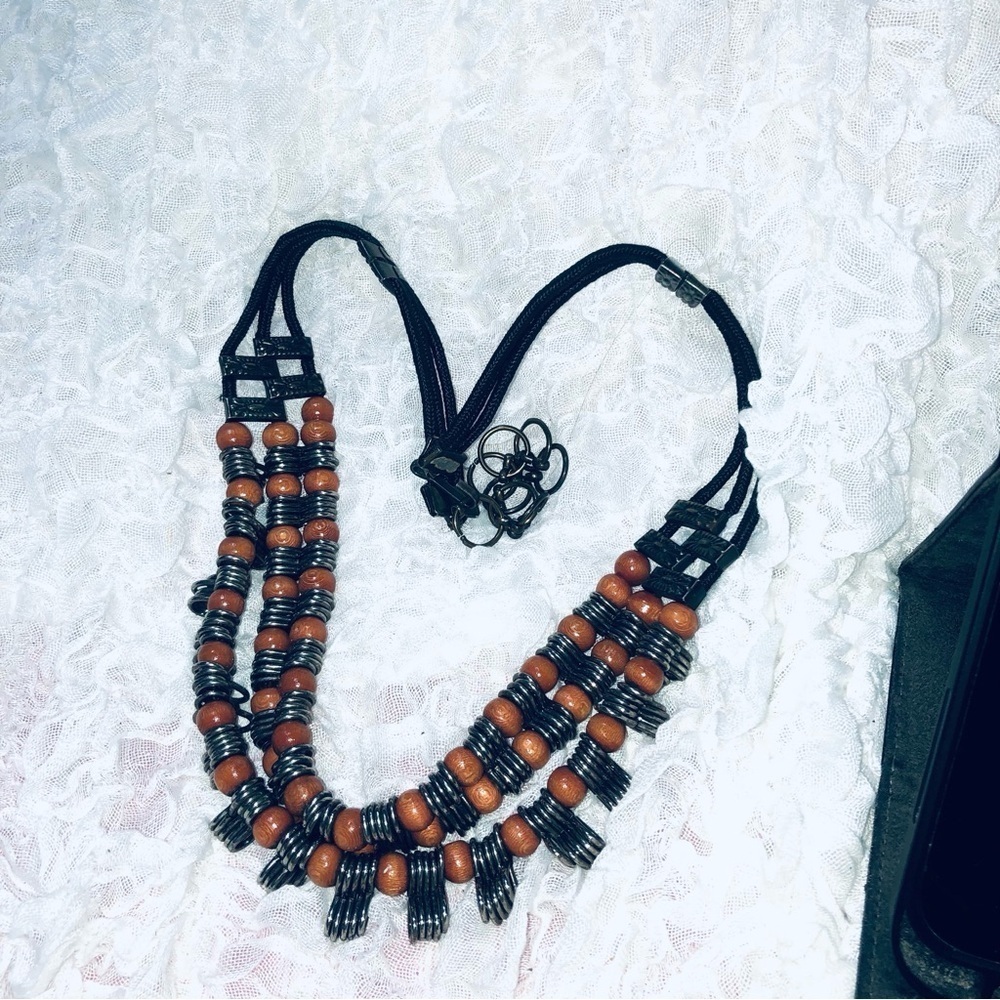 Layered Brown and Black Beaded belt with Patterned Strands, boho style belt 37”